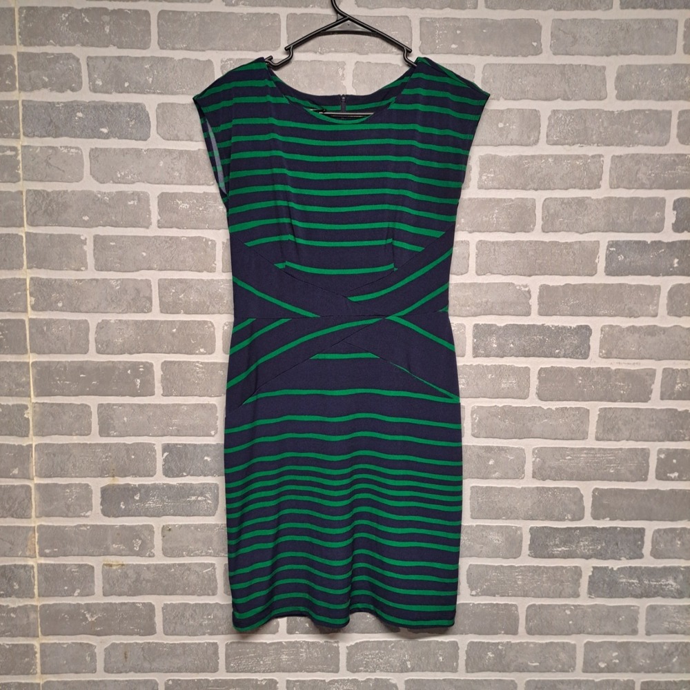 Alix Womens Striped Stretch Knee Dress Back‎ Zip Green Navy Size 4